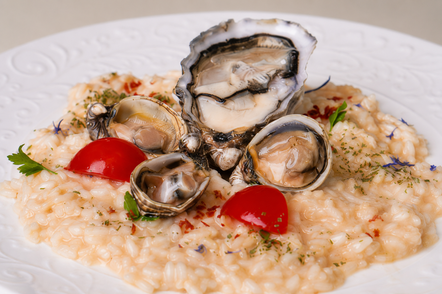 Risotto cremoso con ostriche, vongole e pomodorini